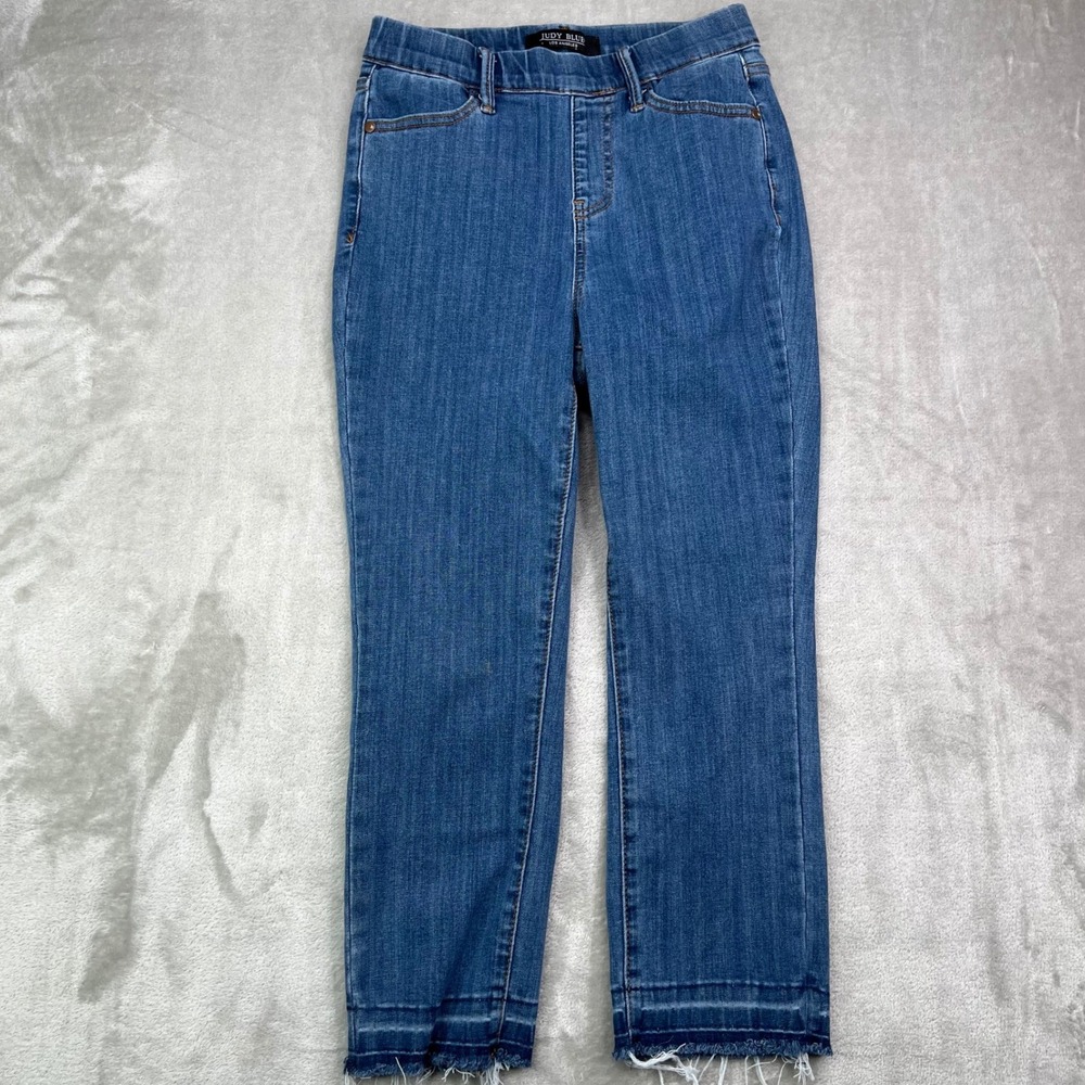Judy Blue Pull On Straight Jeans Womens 1/25 Blue Medium Wash Stretch Frayed Hem - Picture 2 of 14